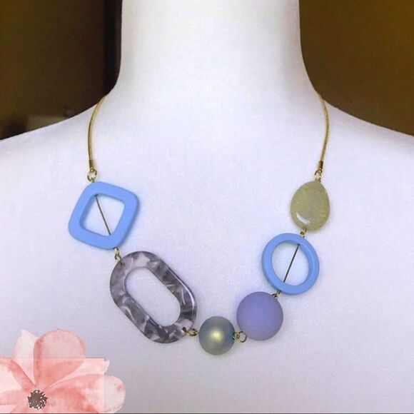 Geometric Acrylic Statement Necklace Blue Gray Green - Picture 2 of 3